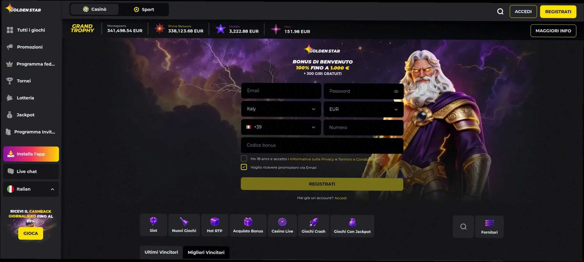 Golden star Casino Fino a 1.000 € + 300 Giri Gratuiti